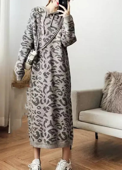 Grey Leopard Cozy Hoodie Knit Sweater Dress Fall