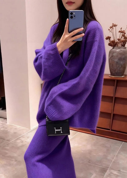 Purple Backless Bow Knit Two Piece Set Outfits Winter