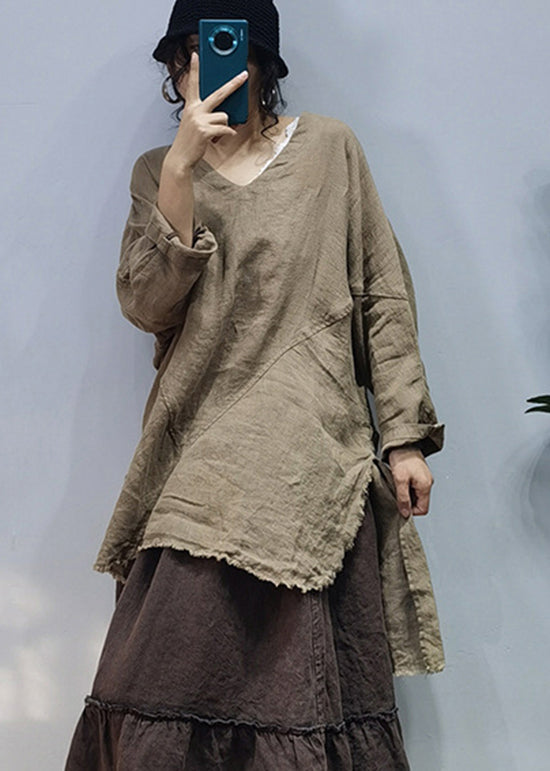 Orange V Neck Side Open Patchwork Linen Tops Spring
