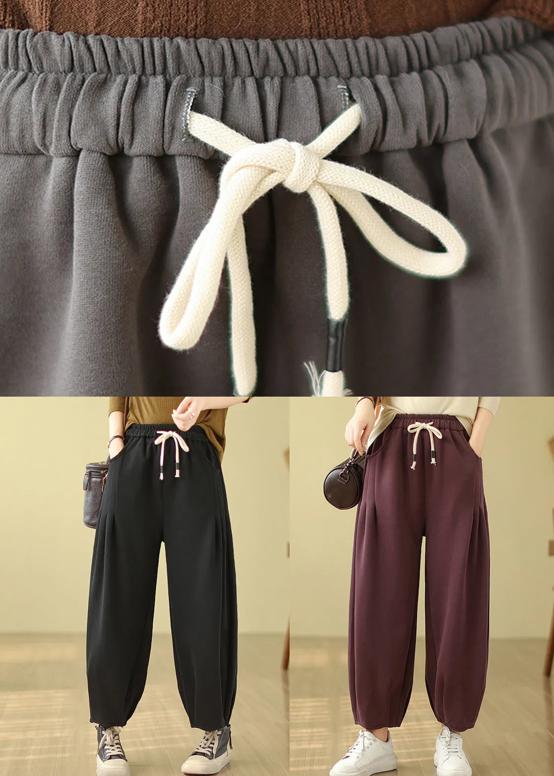 Black Pockets Elastic Waist Warm Fleece Pants Winter