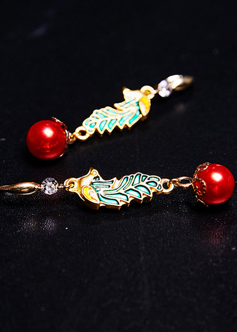 Red Pearl Cloisonne Gilding Drop Earrings