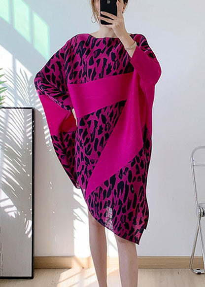 Rose O-neck Asymmetrical Print Mid Dresses Long Sleeve