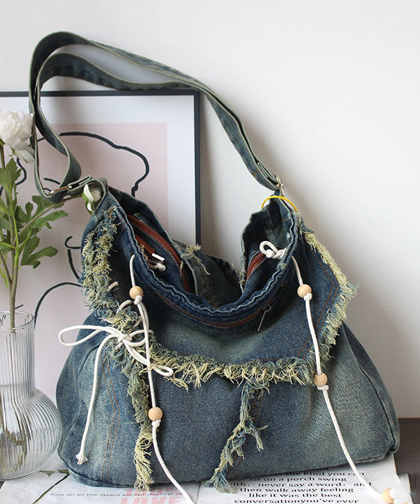 Blue Tassel Patchwork Denim Messenger Bag