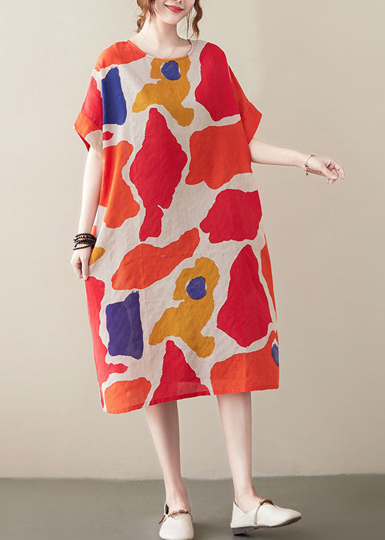 Red Print Cotton Holiday Dresses O-neck Short Sleeve
