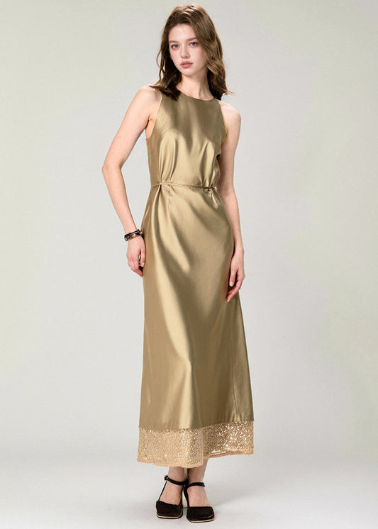 New Gold Print Patchwork Silk Long Dress Summer
