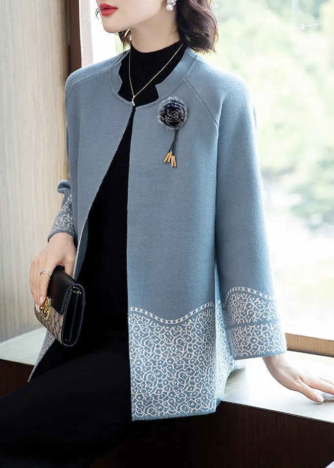 Classy Blue O-neck Patchwork Knit Coats Fall