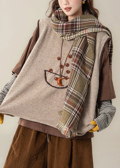 Apricot Jacquard Knit Vest and Coffee T Shirt Patchwork Two Piece Set