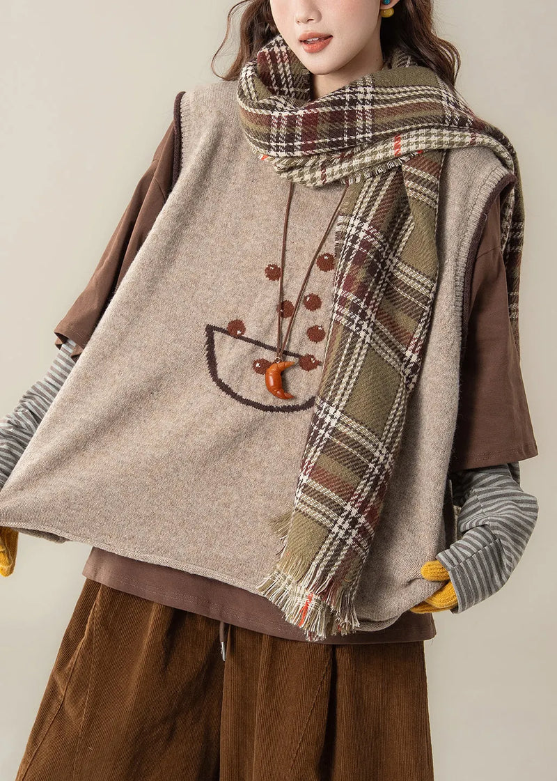 Apricot Jacquard Knit Vest and Coffee T Shirt Patchwork Two Piece Set