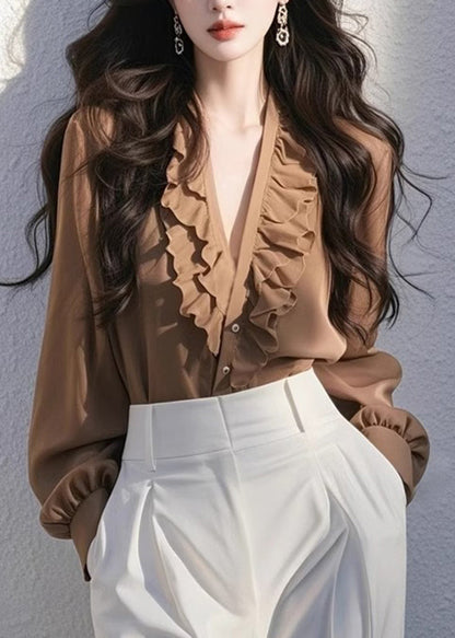 Coffee V Neck Ruffled Top Fall