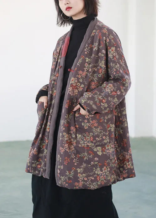 Purple Print Chinese Button Fine Cotton Filled Coats Winter