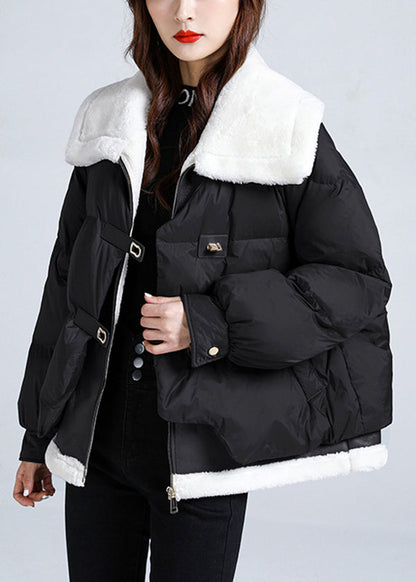 Black Pockets Patchwork Fine Cotton Filled Puffers Jackets Winter