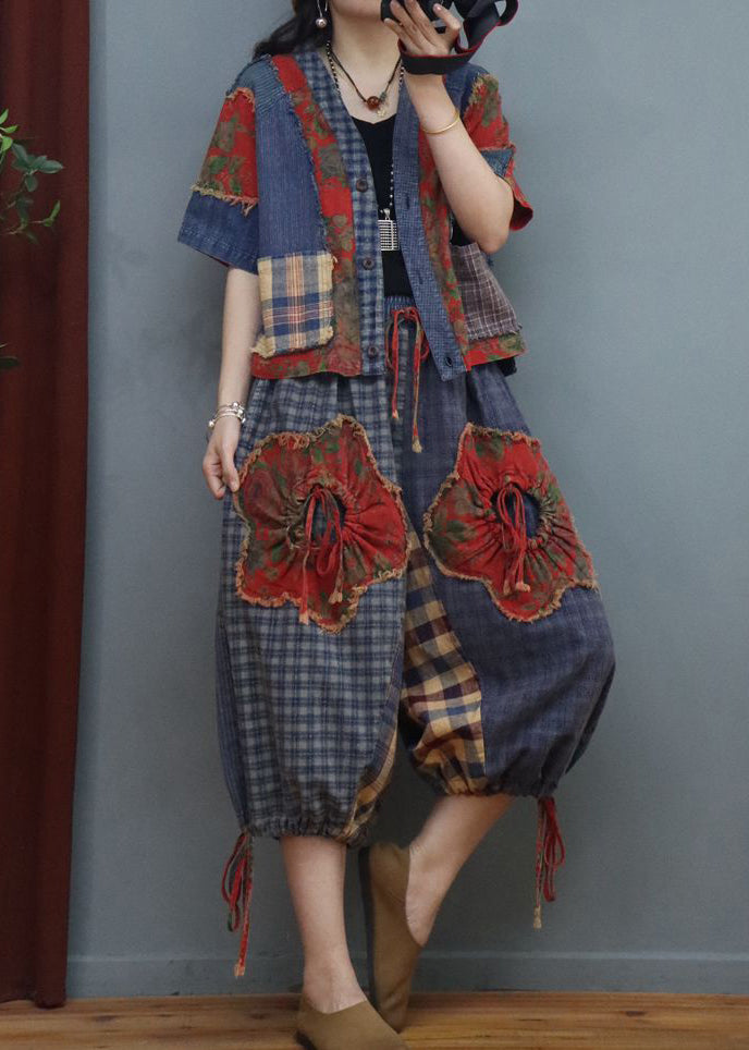 Boutique V Neck Print Patchwork Top and Wide Leg Two Pieces Set Fall