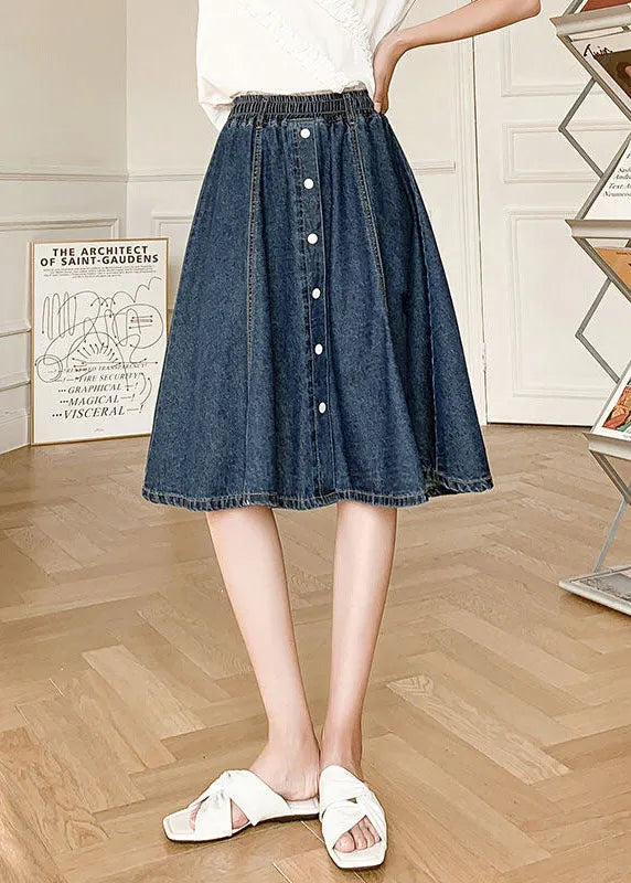 Natural Navy Elastic Waist Button Cotton Denim Skirts Summer