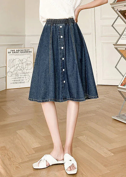 Natural Navy Elastic Waist Button Cotton Denim Skirts Summer