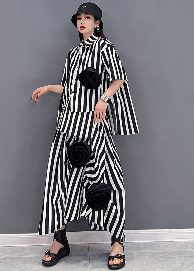 Diy Black White Striped Asymmetrical Cotton Two Pieces Set Summer