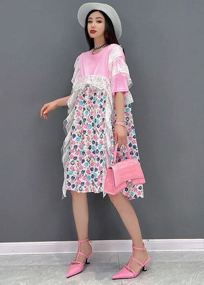 Pink Asymmetrical Print Holiday Dresses Short Sleeve