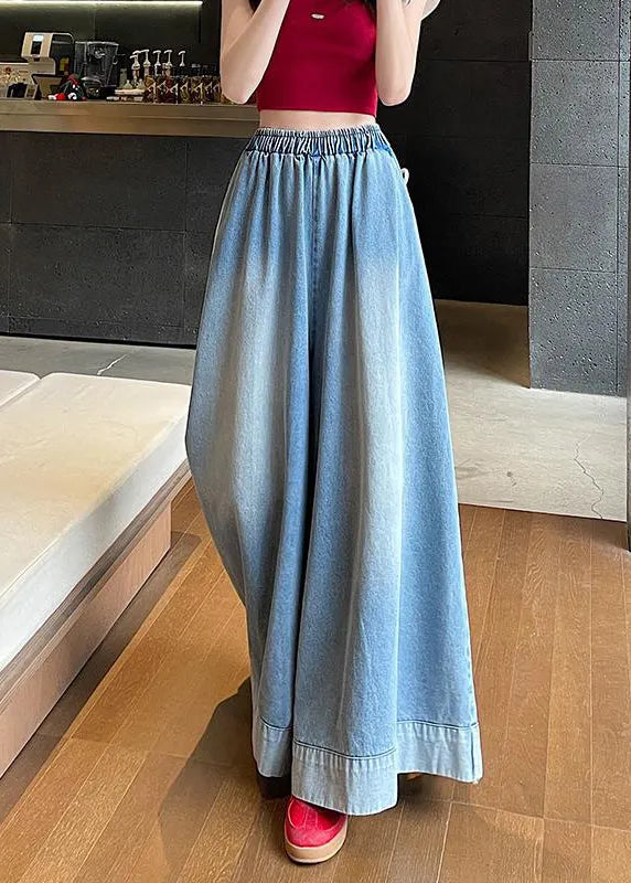 American Style Blue Pockets Denim Wide Leg Pants Fall