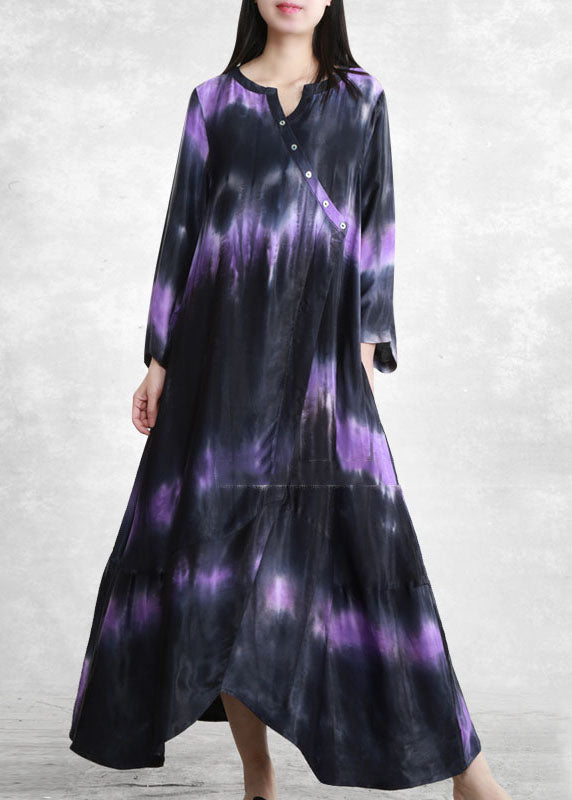French Black Blue Gradient Color V Neck Asymmetrical Pockets Long Dress Long Sleeve