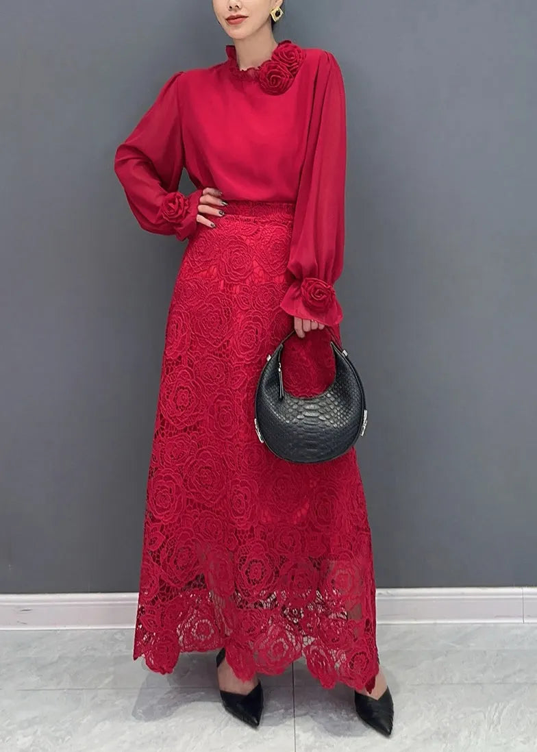 Fine Red Rose Lace Shirts and Maxi Skirts Two Pieces Set Fall
