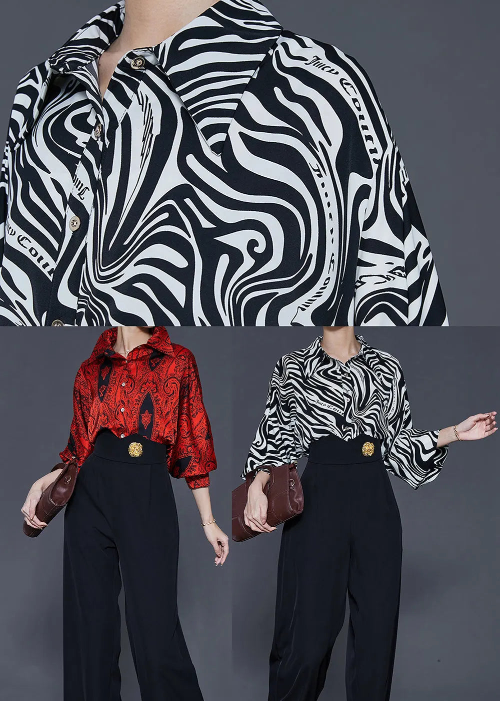 Red Peter Pan Collar Print Silk Two Pieces Set Spring