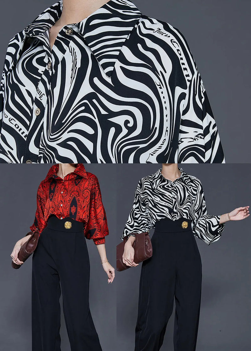 Red Peter Pan Collar Print Silk Two Pieces Set Spring