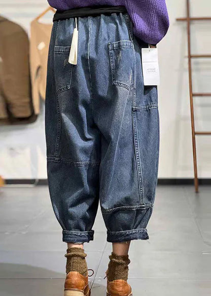 Blue Elastic Waist Patchwork Drawstring Cotton Denim Pants Fall
