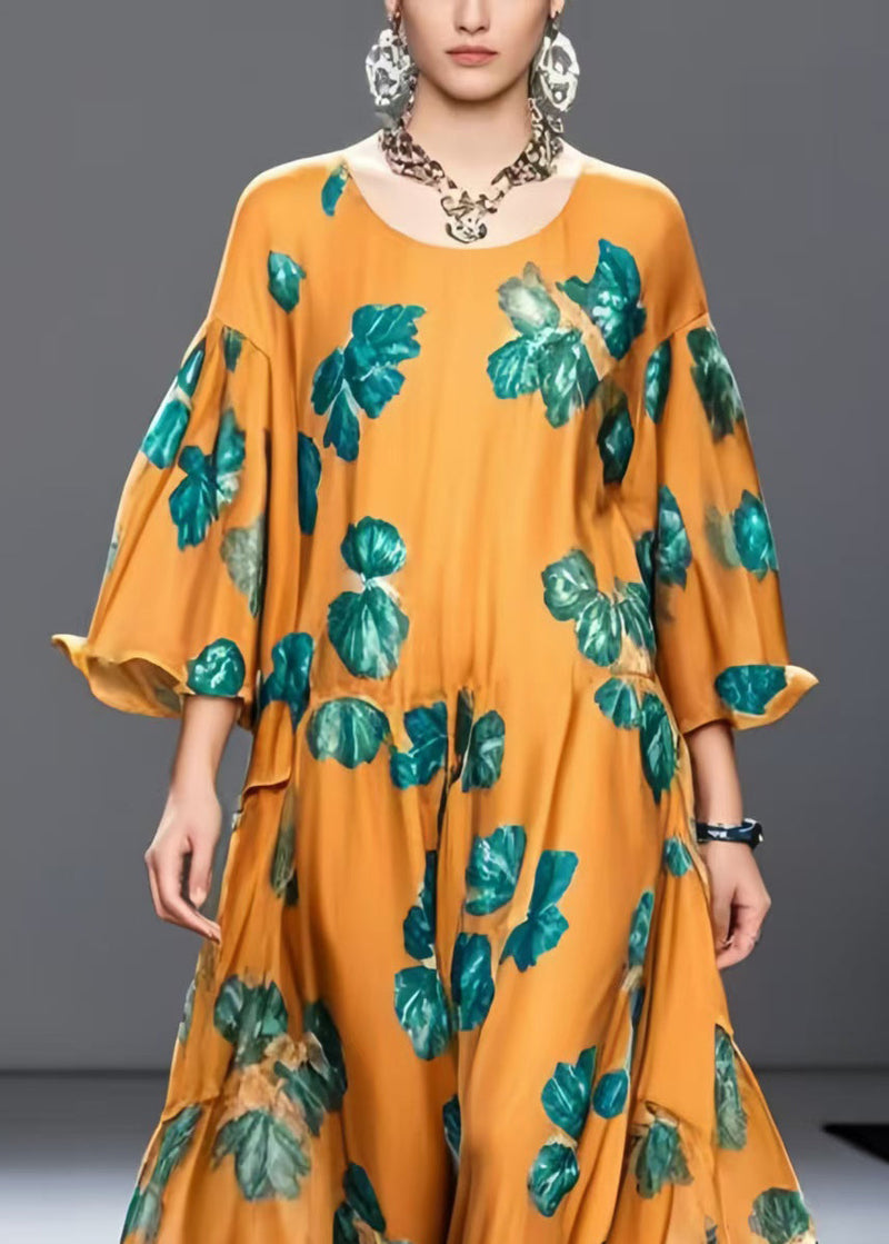 Classy Orange Oversized Print Chiffon Ankle Dress Spring