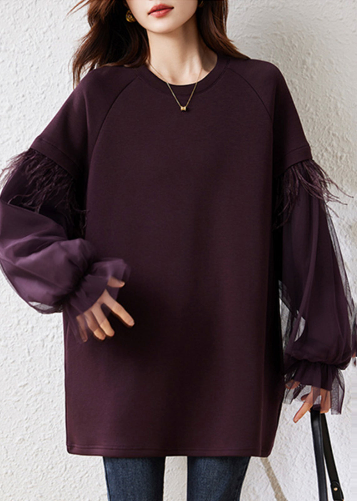 Art Purple Fringe Trim Patchwork Cotton Pullover Fall