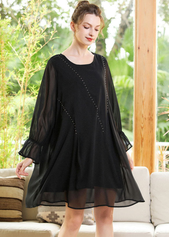 Black O-neck Chiffon a Line Dress Lantern Sleeve