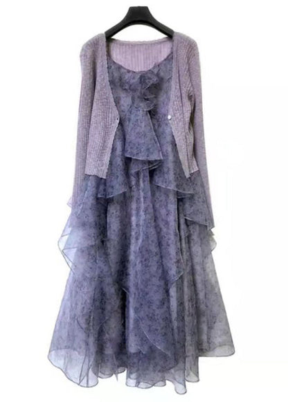 Purple Ruffled Print Chiffon Sets 2 Pieces Spring