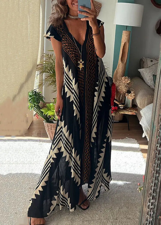 French Black V Neck Patchwork Chiffon Dress Summer
