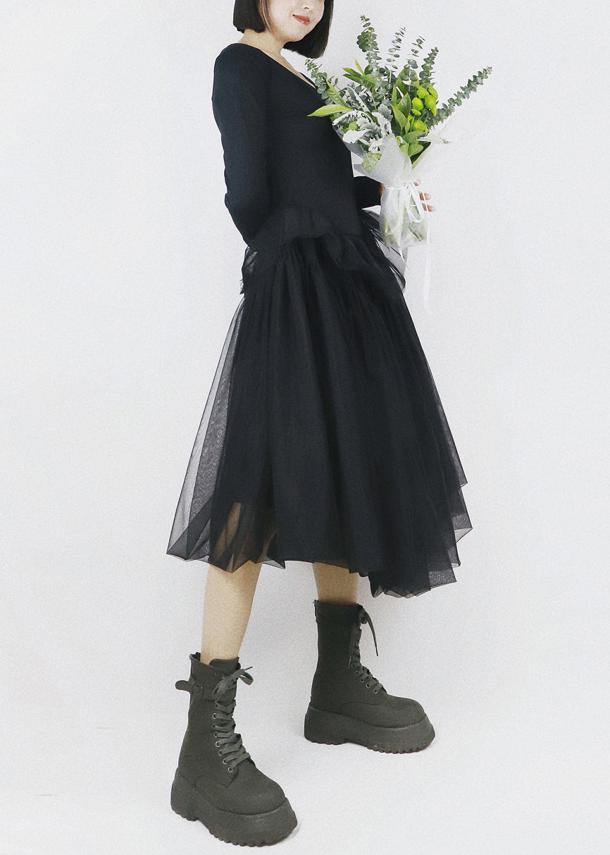 Black Asymmetrical Tulle Patchwork Cotton Dresses