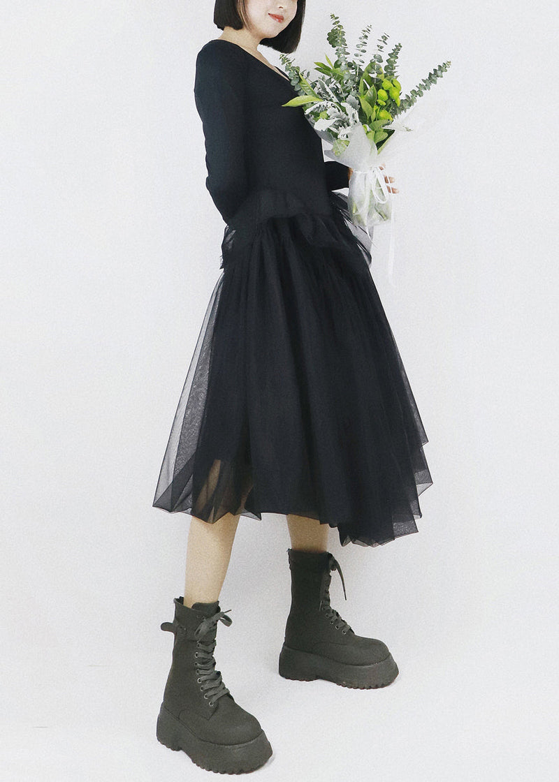 Black Asymmetrical Tulle Patchwork Cotton Dresses