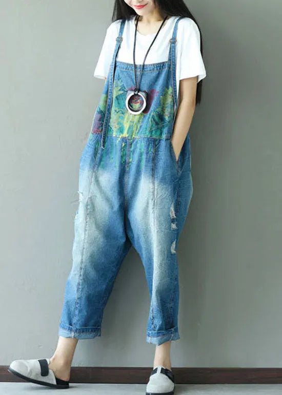 Classy Blue Print Hole Cowboy Jumpsuits Spring