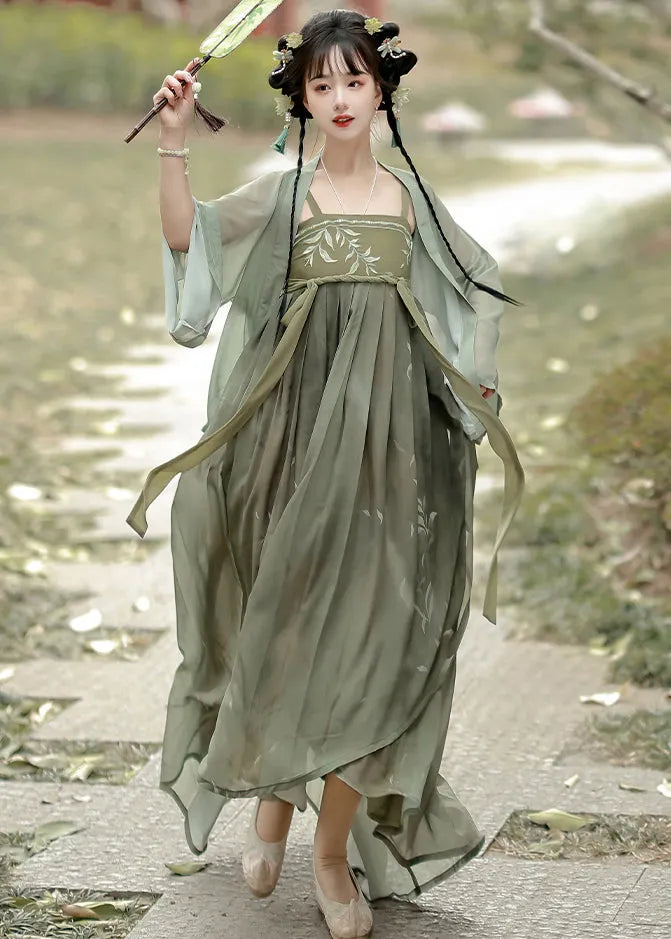 Green Embroideried Tops and Spaghetti Strap Dress Two Pieces Set Fall