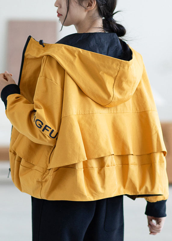 Loose Yellow Zippered Fall Hoodie Coat