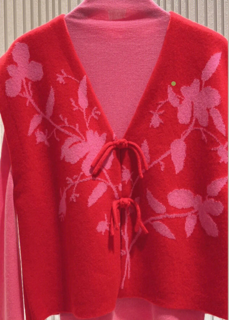 Loose Red Button Patchwork Tops and Waistcoat Knit Two Pieces Set Fall