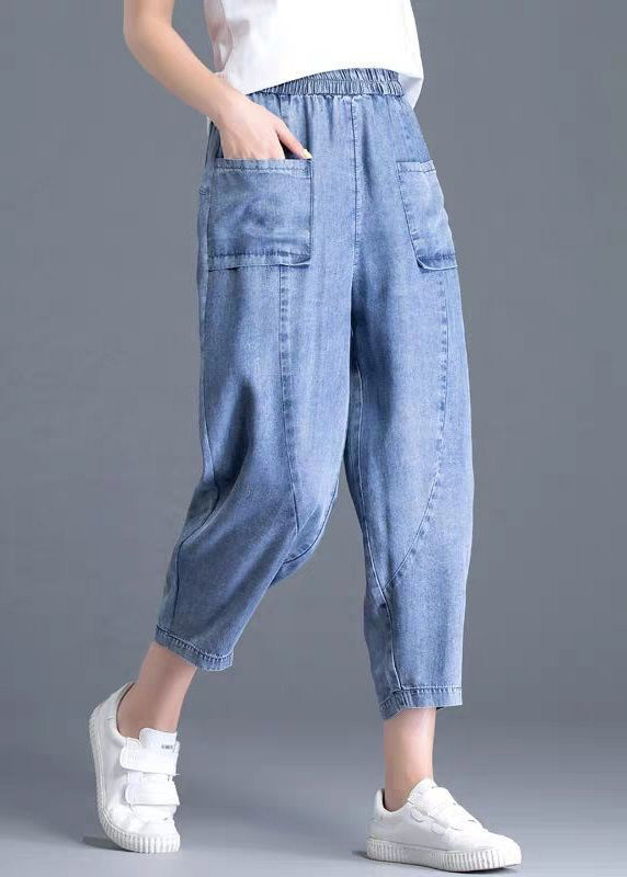 Light Blue Elastic Waist Pockets Patchwork Cotton Denim Harem Pants Summer