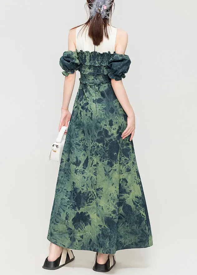 French Green Ruffled Side Open Patchwork Denim Slim Fit Dress Summer