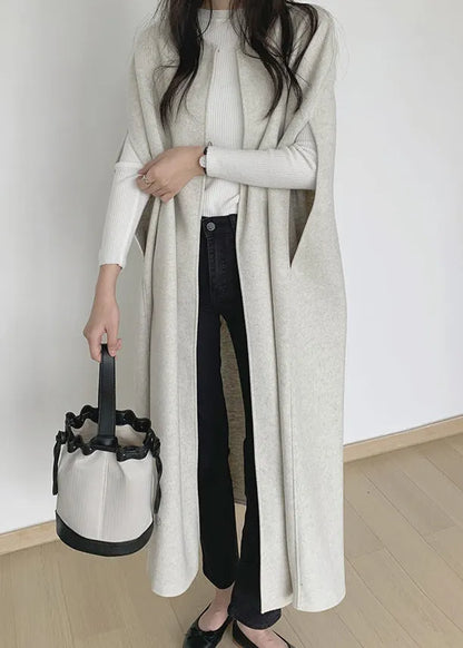 Beige Woolen Long Waistcoat O Neck Winter