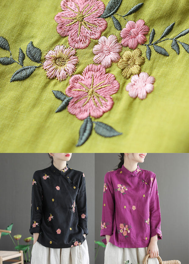 Fitted Yellow Mandarin Collar Embroideried Linen Blouse Top Long Sleeve