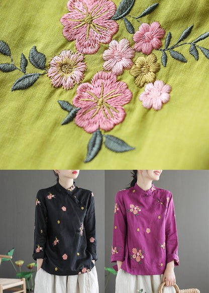 Fitted Yellow Mandarin Collar Embroideried Linen Blouse Top Long Sleeve