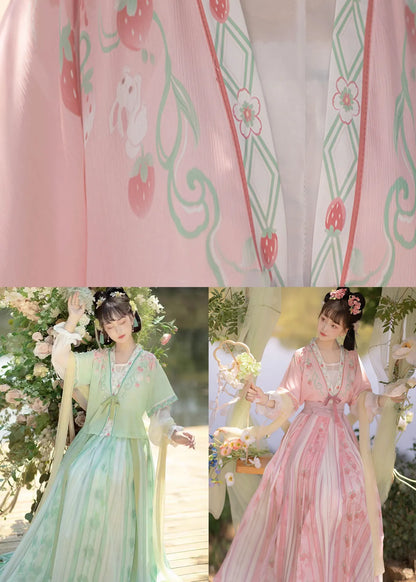 Pink Patchwork Chiffontwo Piece Set Embroideried Lace Up Flare Sleeve