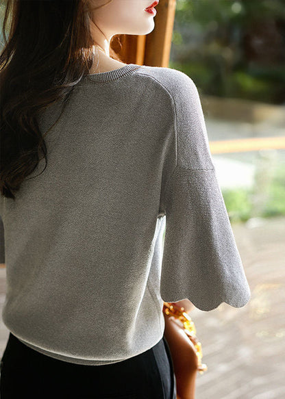 Style Grey V Neck Color Knit Tops Flare Sleeve