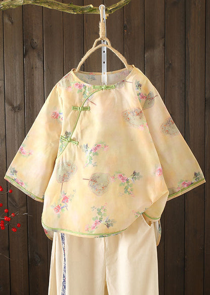 Diy Yellow O-neck Oriental Button Print Cotton Blouse Top Bracelet Sleeve