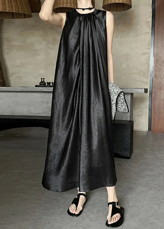 Black Wrinkled Silk Long Dress O Neck Summer