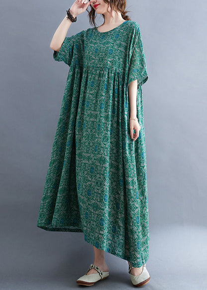 Green O-neck Print Patchwork Vacation Maxi Dresses Summer
