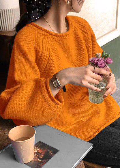 Yellow O Neck Patchwork Cozy Knit Sweaters Long Sleeve
