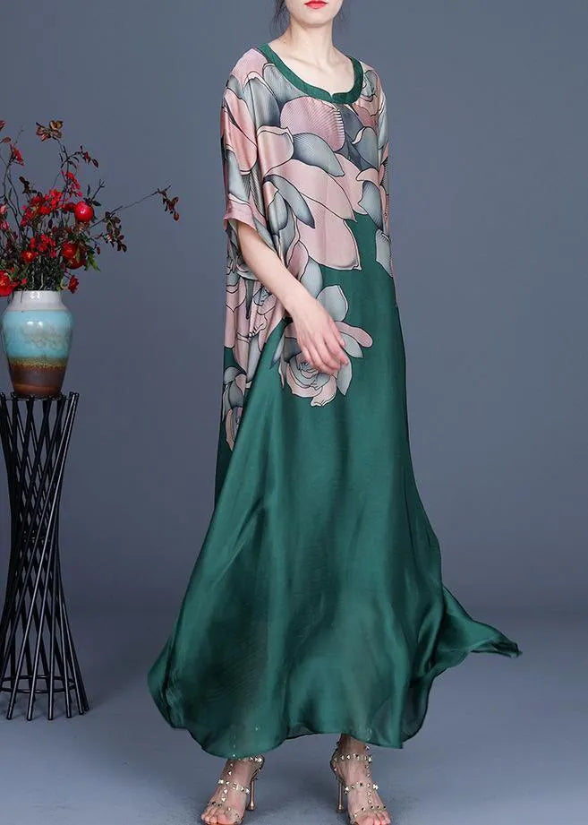 French Green Print Three Quarter Sleeve Silk Summer Dress Two Pieces Set