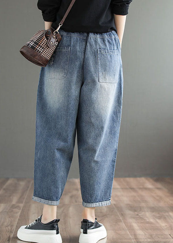 Stylish Denim Blue Color Elastic Waist Pockets Patchwork Applique Cotton Harem Pants Summer